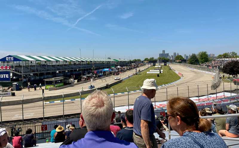 View of the Detroit skyline from the outside of Turn 1 on Belle Isle.